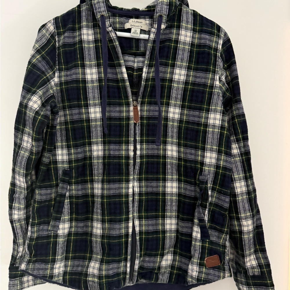 Women’s LL Bean Plaid Zip-Up Flannel Jacket - Green and Blue